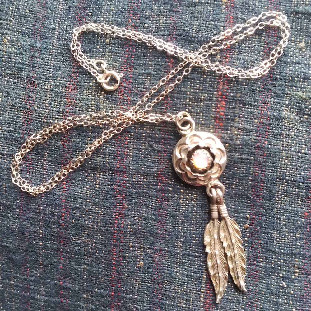 Signed Native American Sterling Pendant Chain MOP